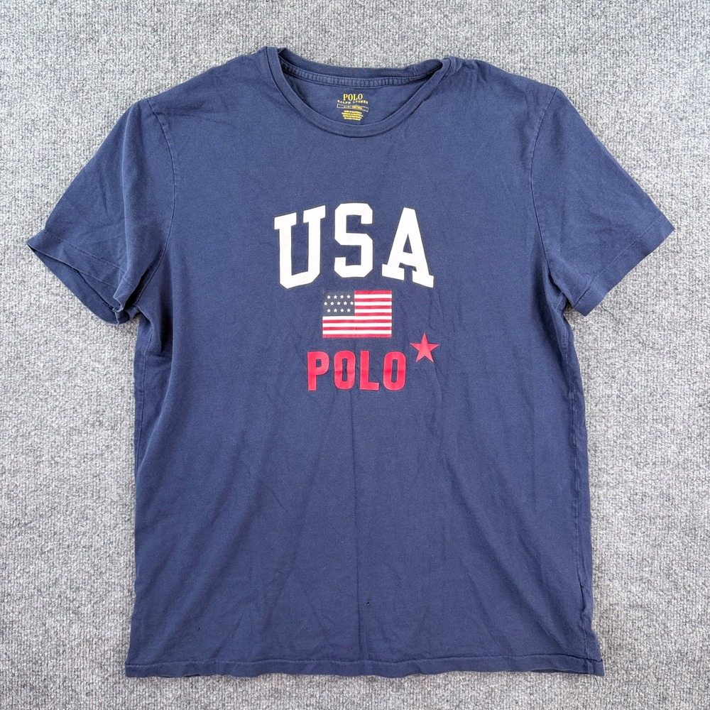 Polo Ralph Lauren T Shirt Mens L Blue USA Flag Graphic Preppy